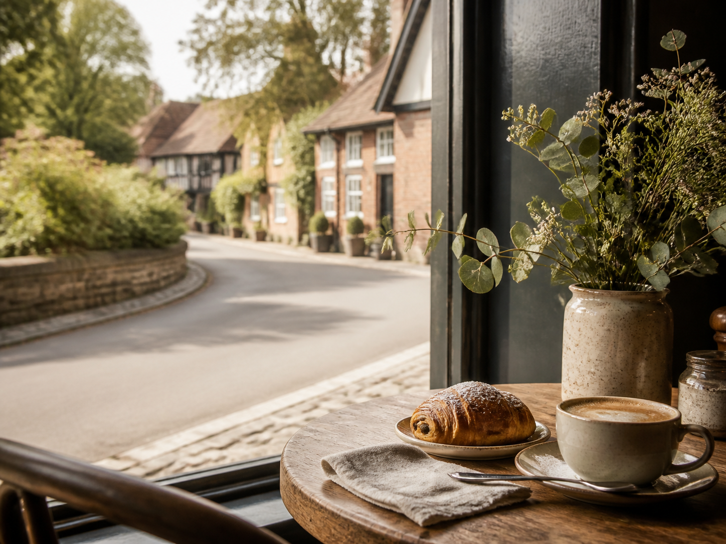 Temporary placeholder image of coffee and pastry in a village café