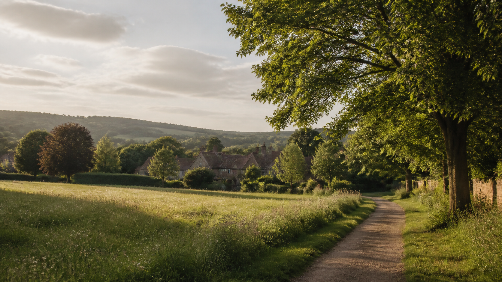 Temporary placeholder image of a Kent countryside village and meadow path